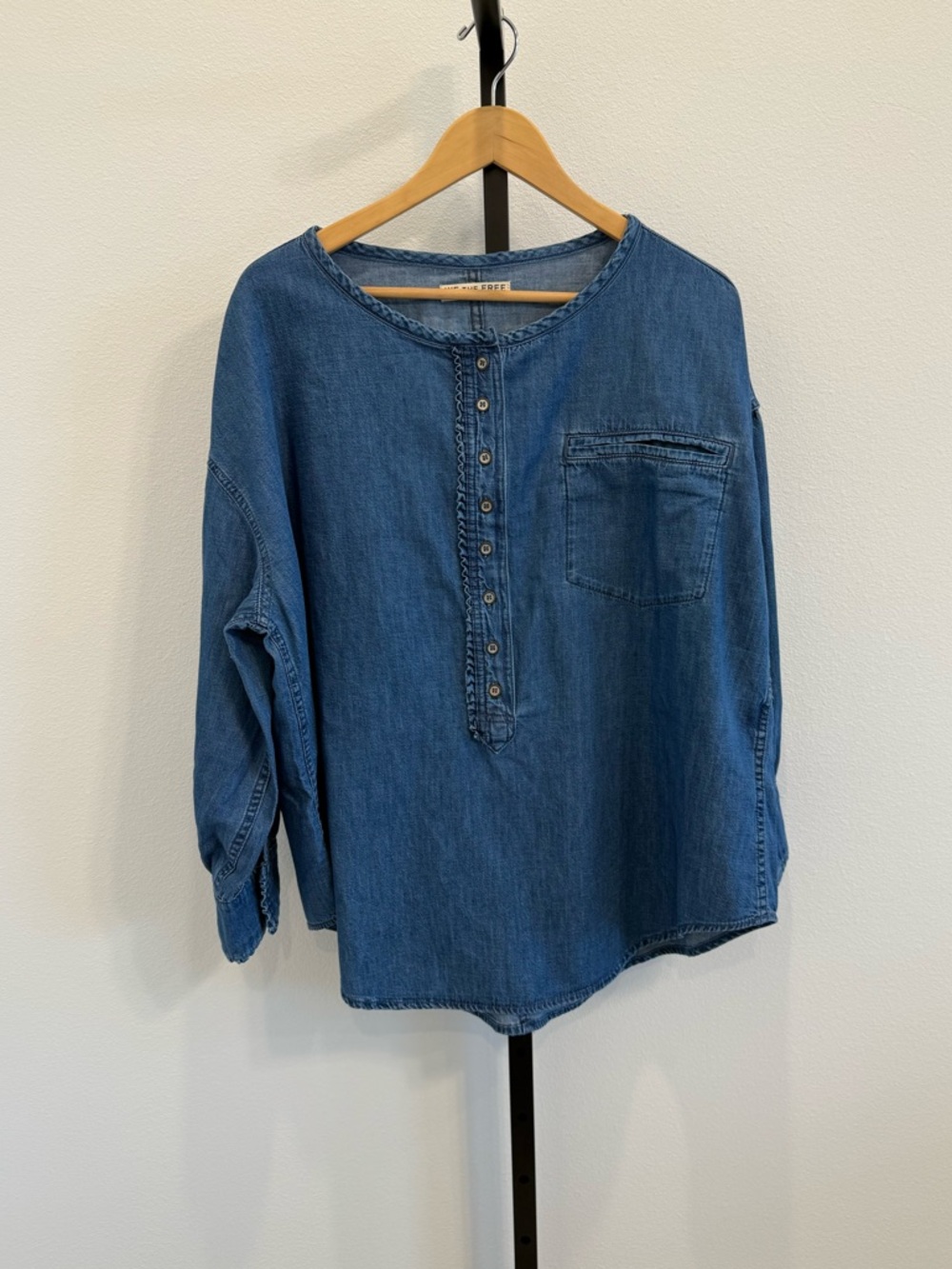 NWT Free People We the Free Denim Dreamin Pullover Henley Medium Oversized Boho